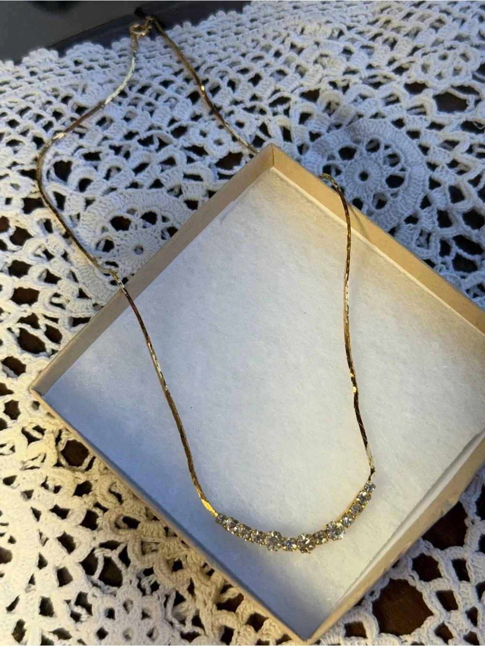Gold Crystal Necklace curved bar- gold sparkling graduated‎ stones 16.5” CZ’s CZ